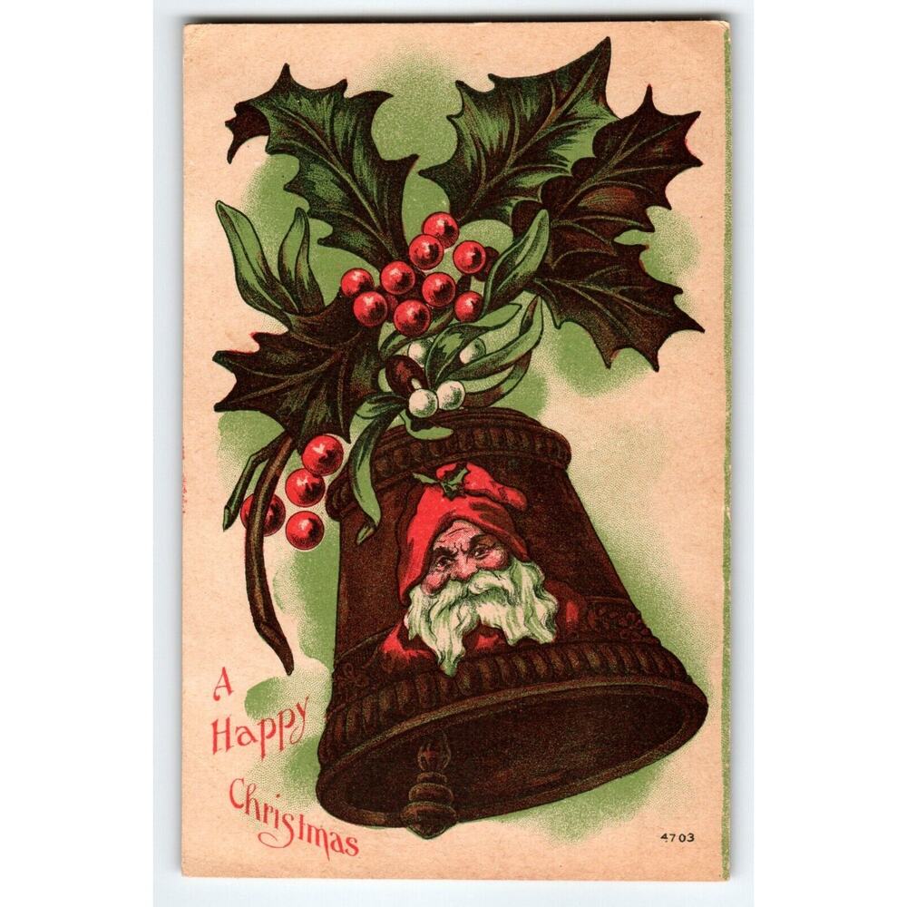 Santa Claus Christmas Postcard Saint Nicks Face Bell Holly Leaves Vintage 4703